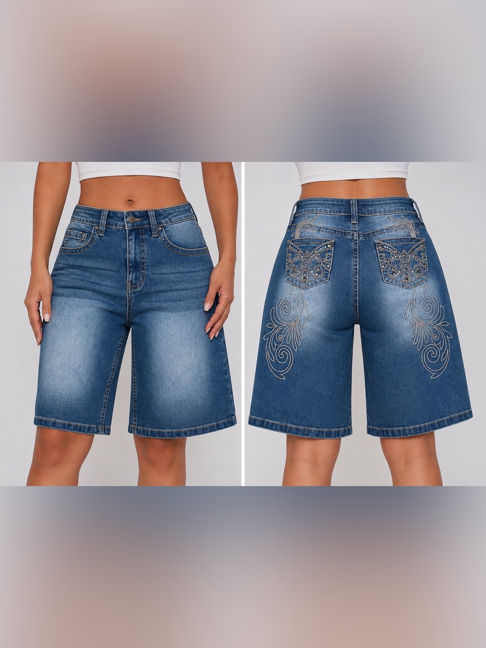 Embellished Mid-Rise Denim Bermuda Shorts - Blue